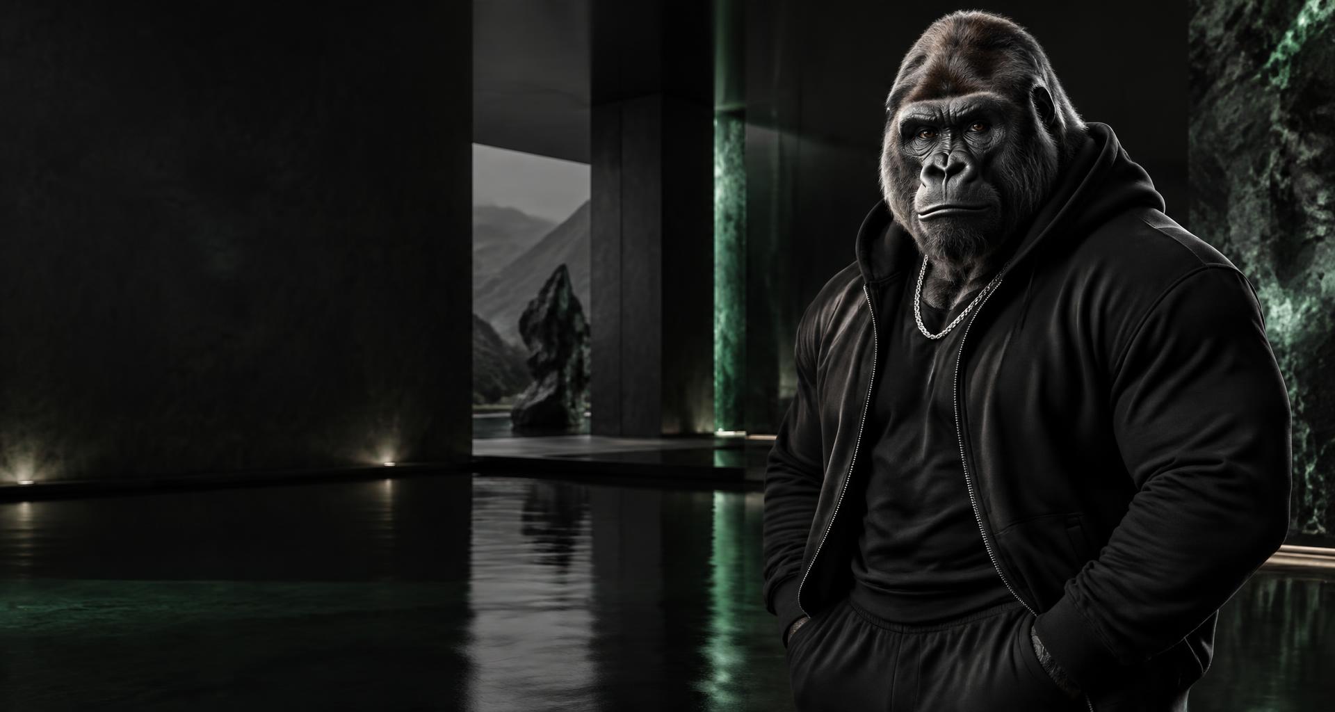 Theman.SOL silverback ape in a black tracksuit in a luxury gallery