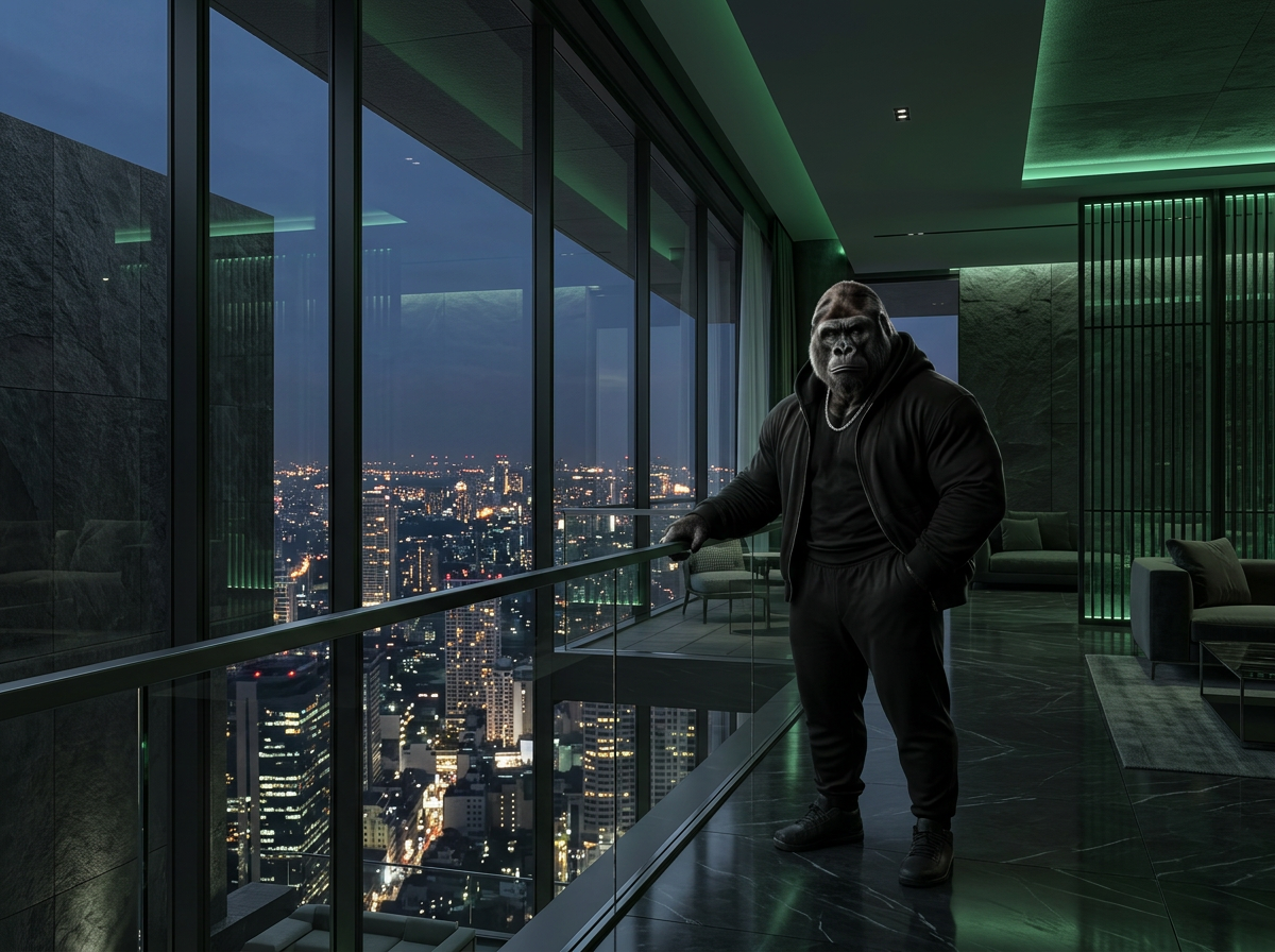 Theman.SOL ape planning from a city penthouse